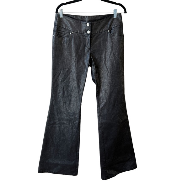Yansi Fugel Denim - YANSI FUGEL FLARE PANTS JEANS METALLIC BLACK COATED SHIMMER BOHO Y2K ROCKSTAR 8
